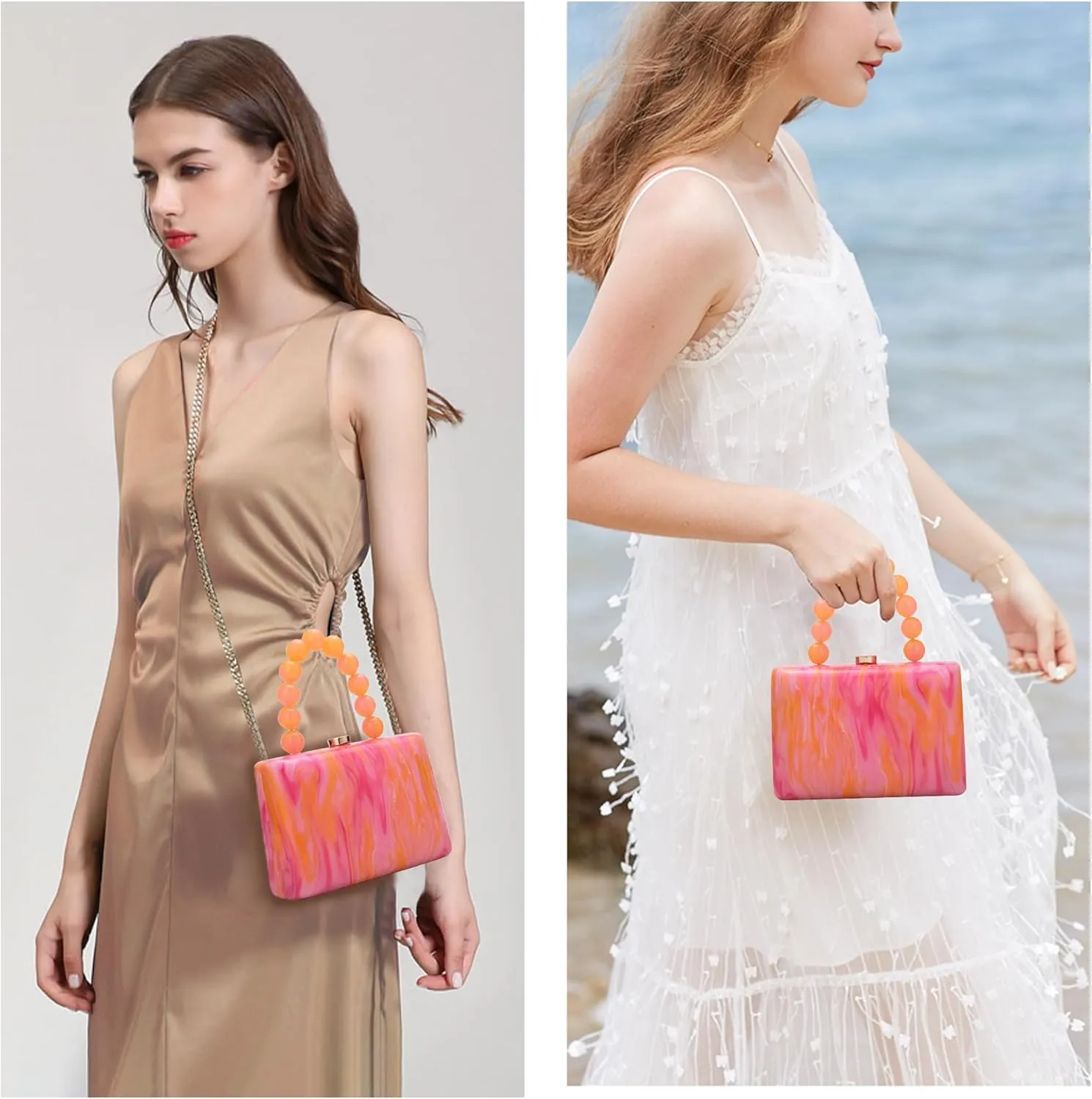 Acrylic Purses Evening Clutch Bag Marbling Handbags for Women Cross Body Bag with Pearl Chain Formal Wedding Prom Party
