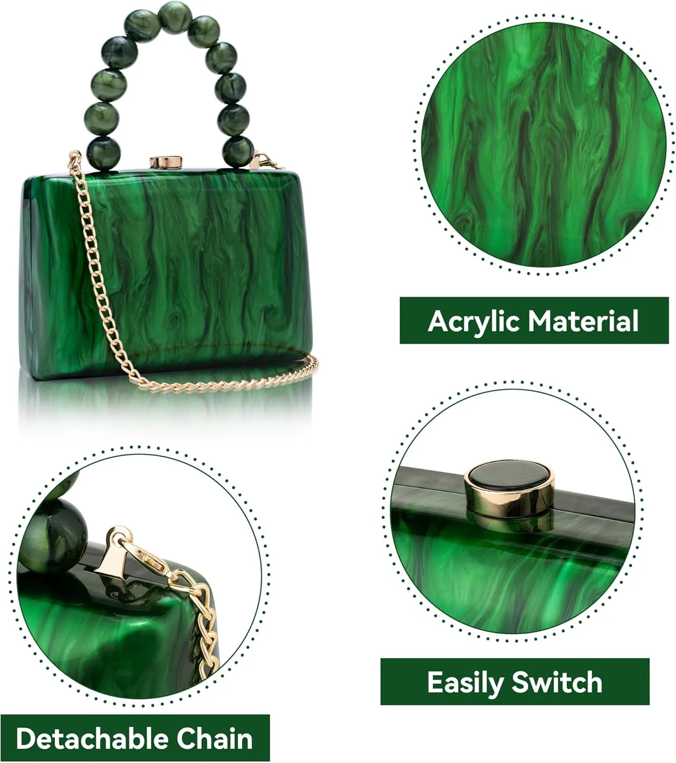 Acrylic Purses Evening Clutch Bag Marbling Handbags for Women Cross Body Bag with Pearl Chain Formal Wedding Prom Party