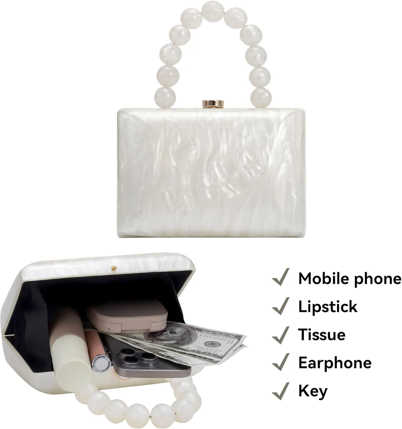 Acrylic Purses Evening Clutch Bag Marbling Handbags for Women Cross Body Bag with Pearl Chain Formal Wedding Prom Party