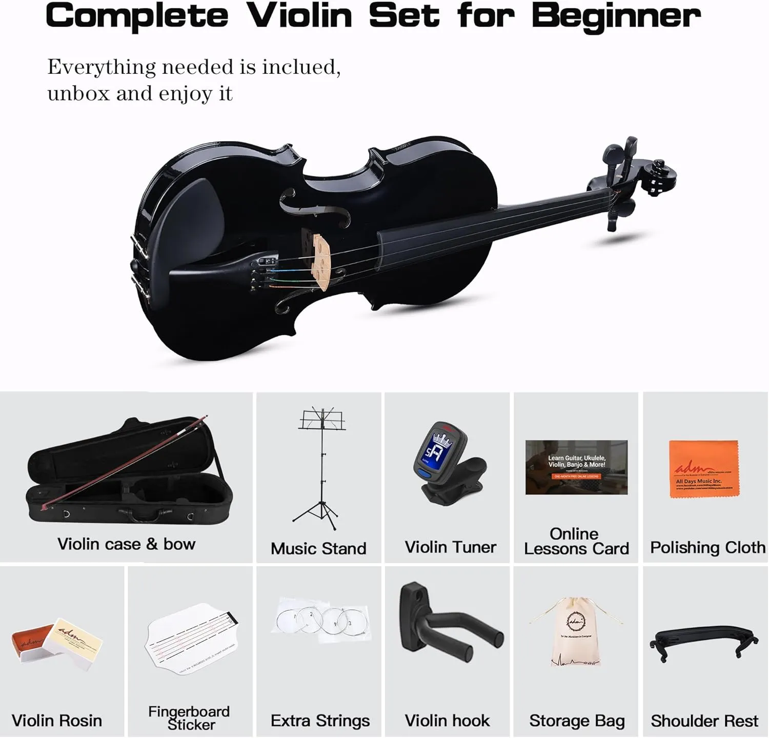 ADM Acoustic Violin for Kids Beginners,1/4 Size Acoustic Violin Fiddle for Teens Students Violin Starter Kit with Hard Case, Rosin, Shoulder Rest, Bow, Violin Music Stand and Strings,Black