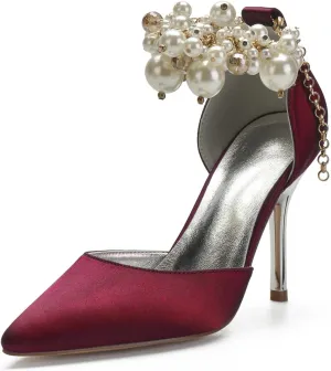 ADMLZQQ Women Pumps Closed Toe Pearl Ankle Strap High Heel Satin Evening Wedding Dress Shoes