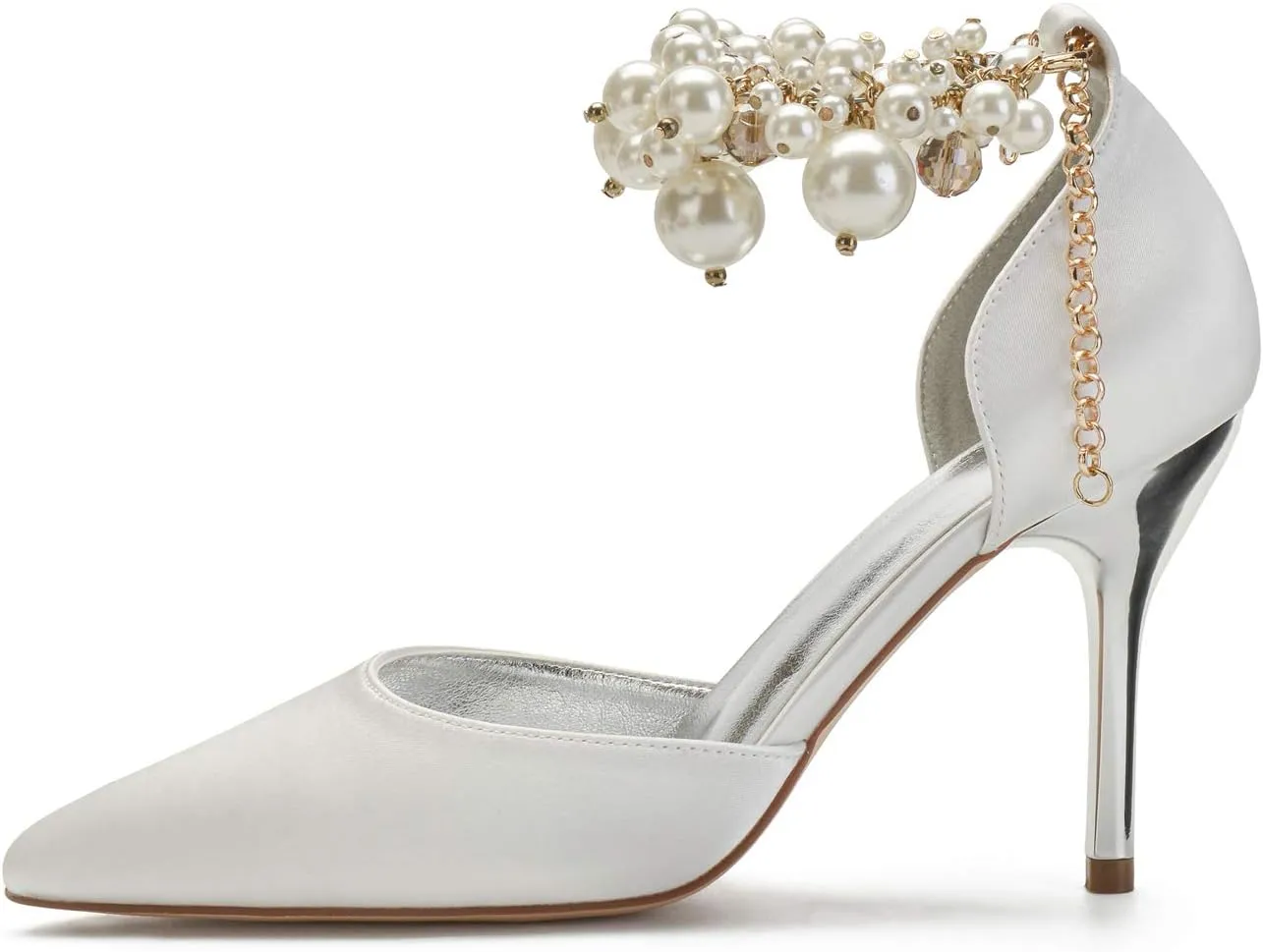 ADMLZQQ Women Pumps Closed Toe Pearl Ankle Strap High Heel Satin Evening Wedding Dress Shoes