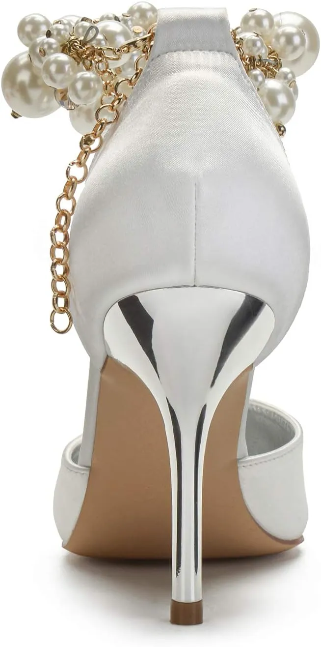 ADMLZQQ Women Pumps Closed Toe Pearl Ankle Strap High Heel Satin Evening Wedding Dress Shoes