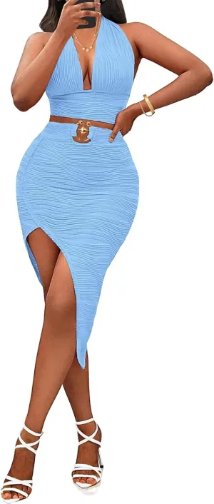 Adogirl Women Two Piece Skirt Outfits Sexy Halter V Neck Backless Crop Top Bodycon Irregular Skirt Set Night Out Dresses