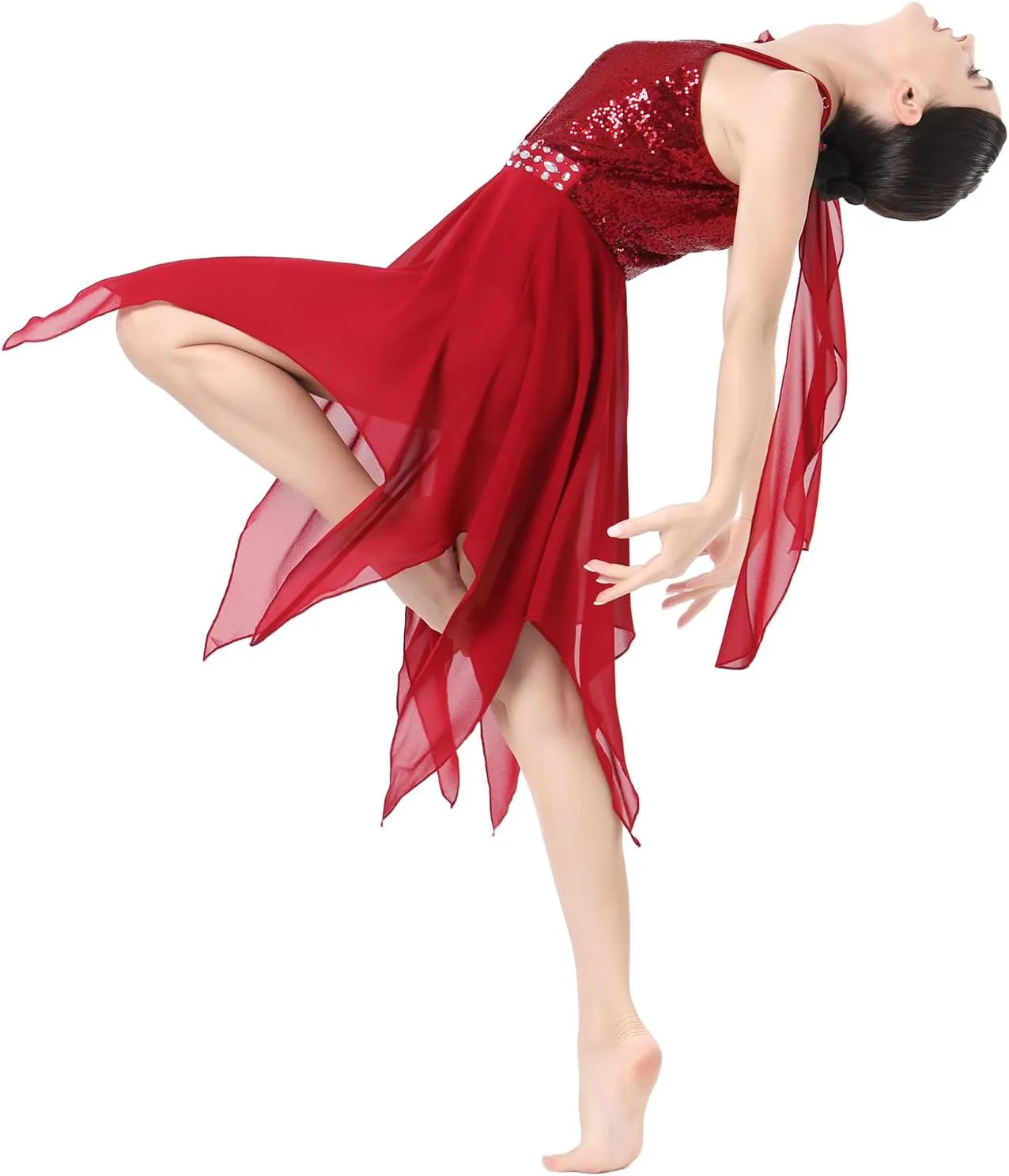 AFAVOM Women's Lyrical Dance Costume Sequin Flower Lyrical Dress Asymmetric Flowy Tulle Skirt Contemporary Dance Costumes