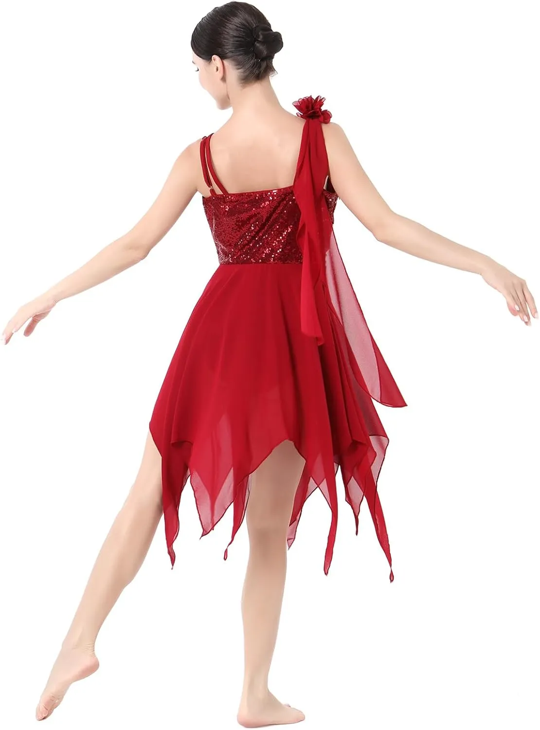AFAVOM Women's Lyrical Dance Costume Sequin Flower Lyrical Dress Asymmetric Flowy Tulle Skirt Contemporary Dance Costumes