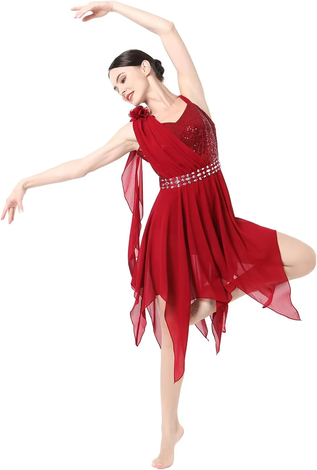 AFAVOM Women's Lyrical Dance Costume Sequin Flower Lyrical Dress Asymmetric Flowy Tulle Skirt Contemporary Dance Costumes