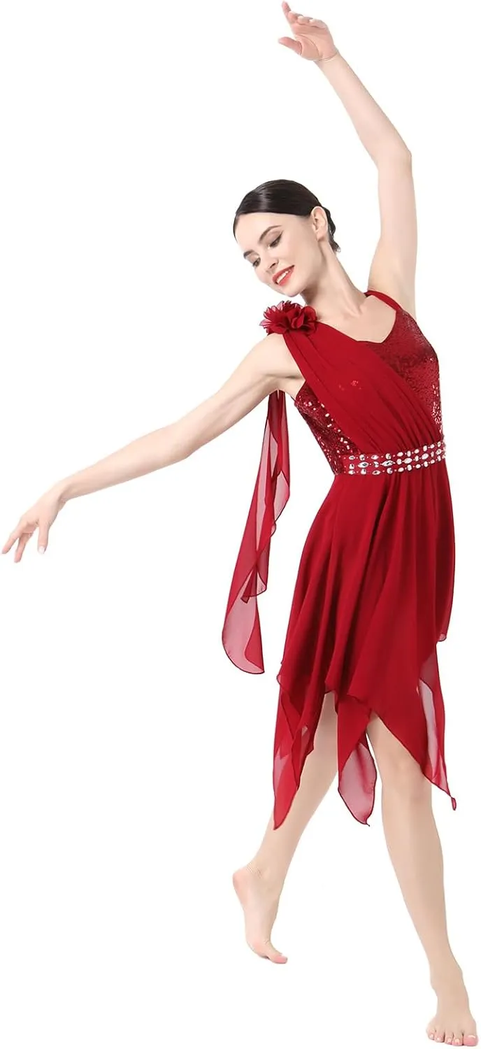 AFAVOM Women's Lyrical Dance Costume Sequin Flower Lyrical Dress Asymmetric Flowy Tulle Skirt Contemporary Dance Costumes