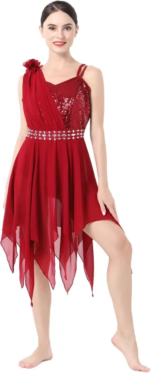 AFAVOM Women's Lyrical Dance Costume Sequin Flower Lyrical Dress Asymmetric Flowy Tulle Skirt Contemporary Dance Costumes