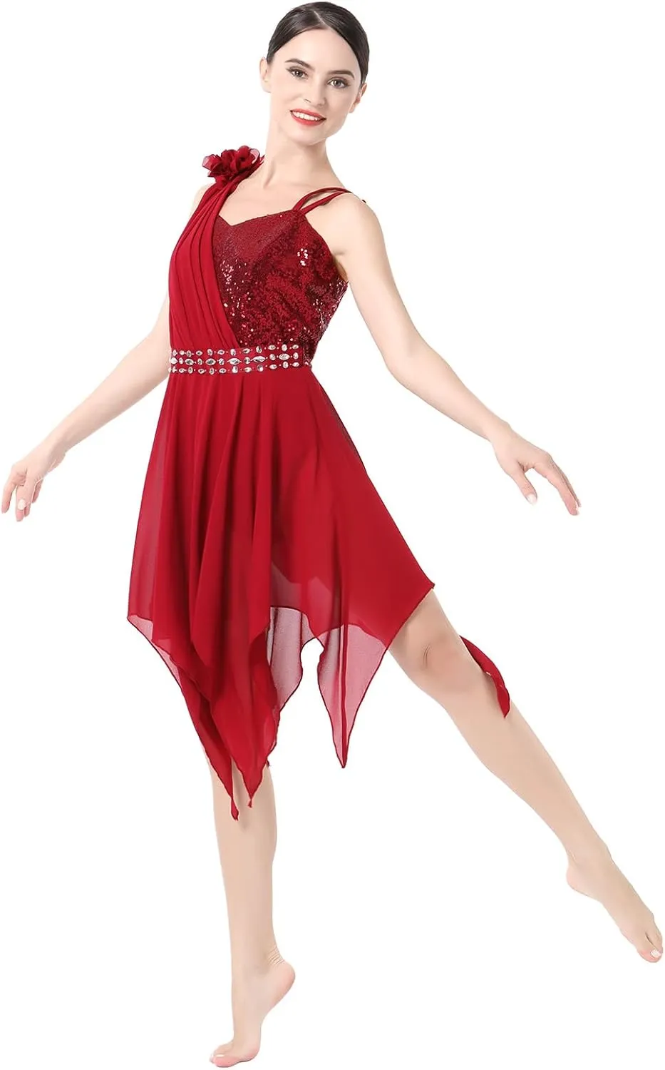 AFAVOM Women's Lyrical Dance Costume Sequin Flower Lyrical Dress Asymmetric Flowy Tulle Skirt Contemporary Dance Costumes