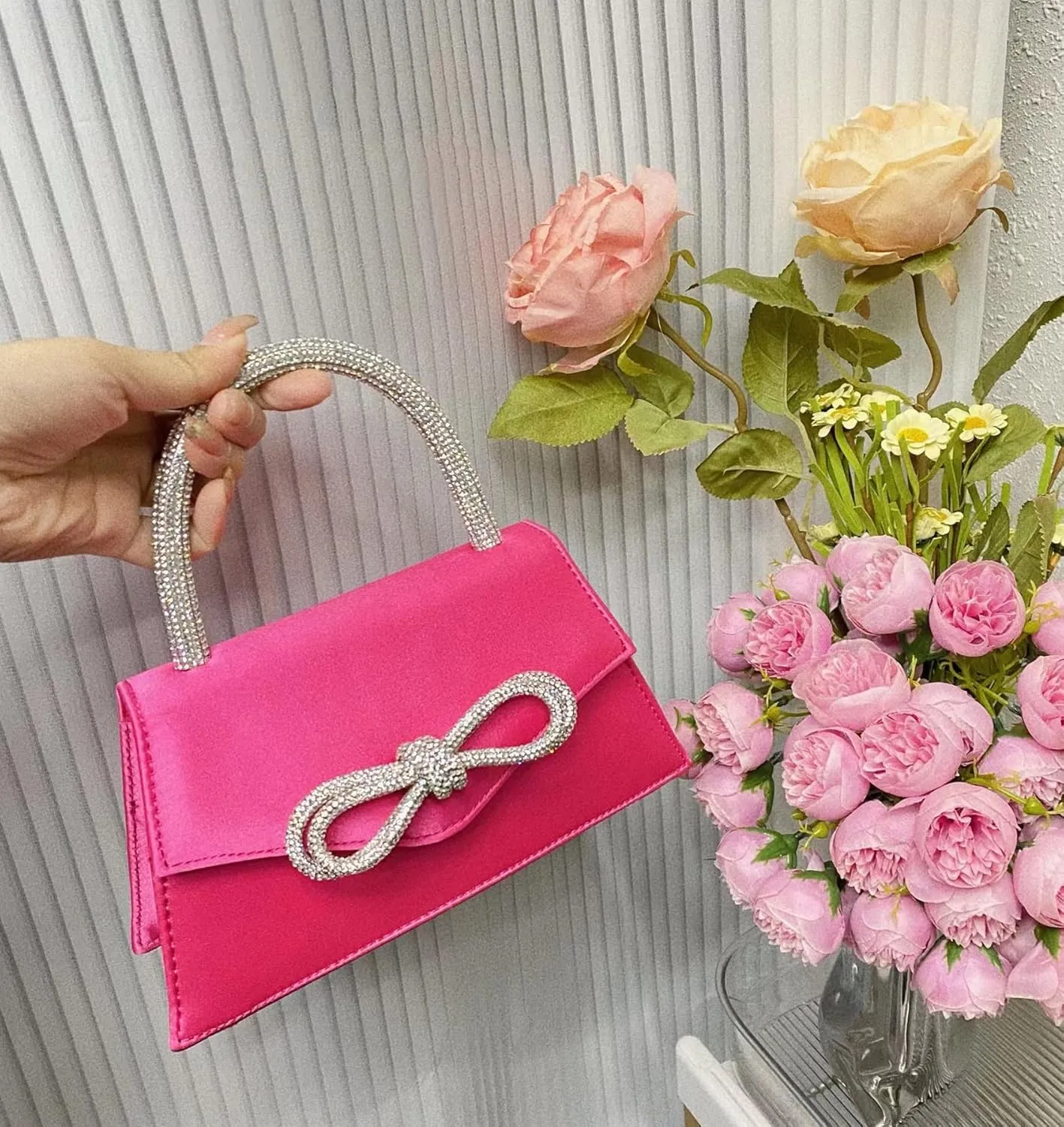 AFB Women's Rhinestone Bow Satin Handbags Evening Clutch Purses Shoulder Crossbody Bag for Party Wedding Prom