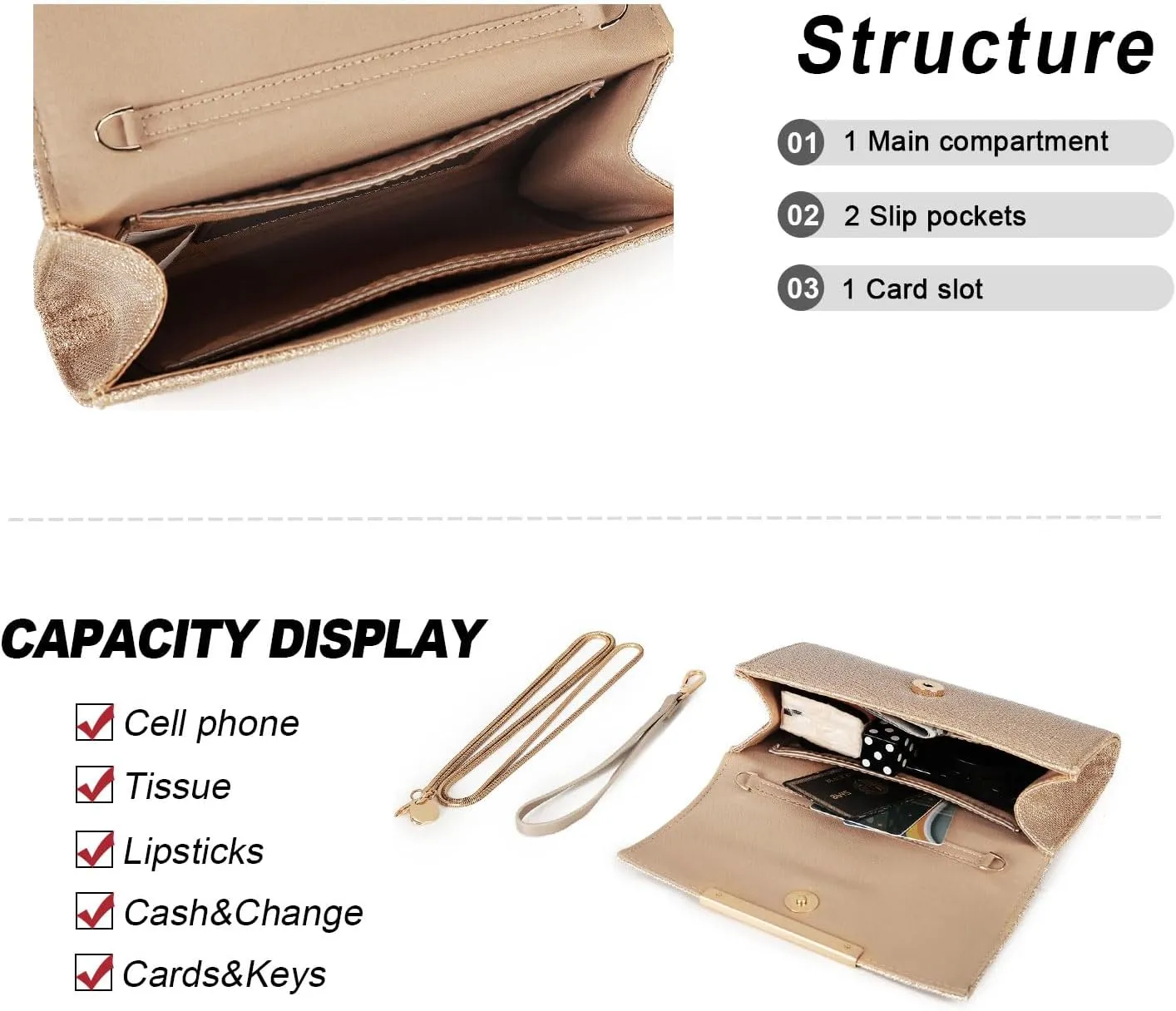 AFKOMST Small Clutch Purses for Women Formal Evening Bag Crossbody and Wristlet Handbags for Party Prom Cocktail Wedding