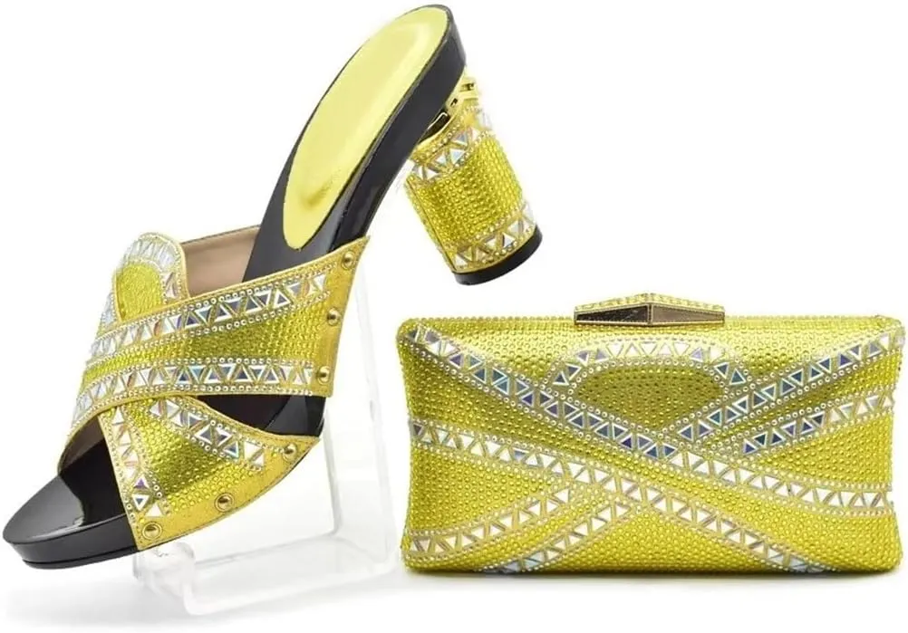 African Inspired Rhinestone Wedding Shoes Set with Crystal Clutch Bag Womens Luxury Banquet Party Heels