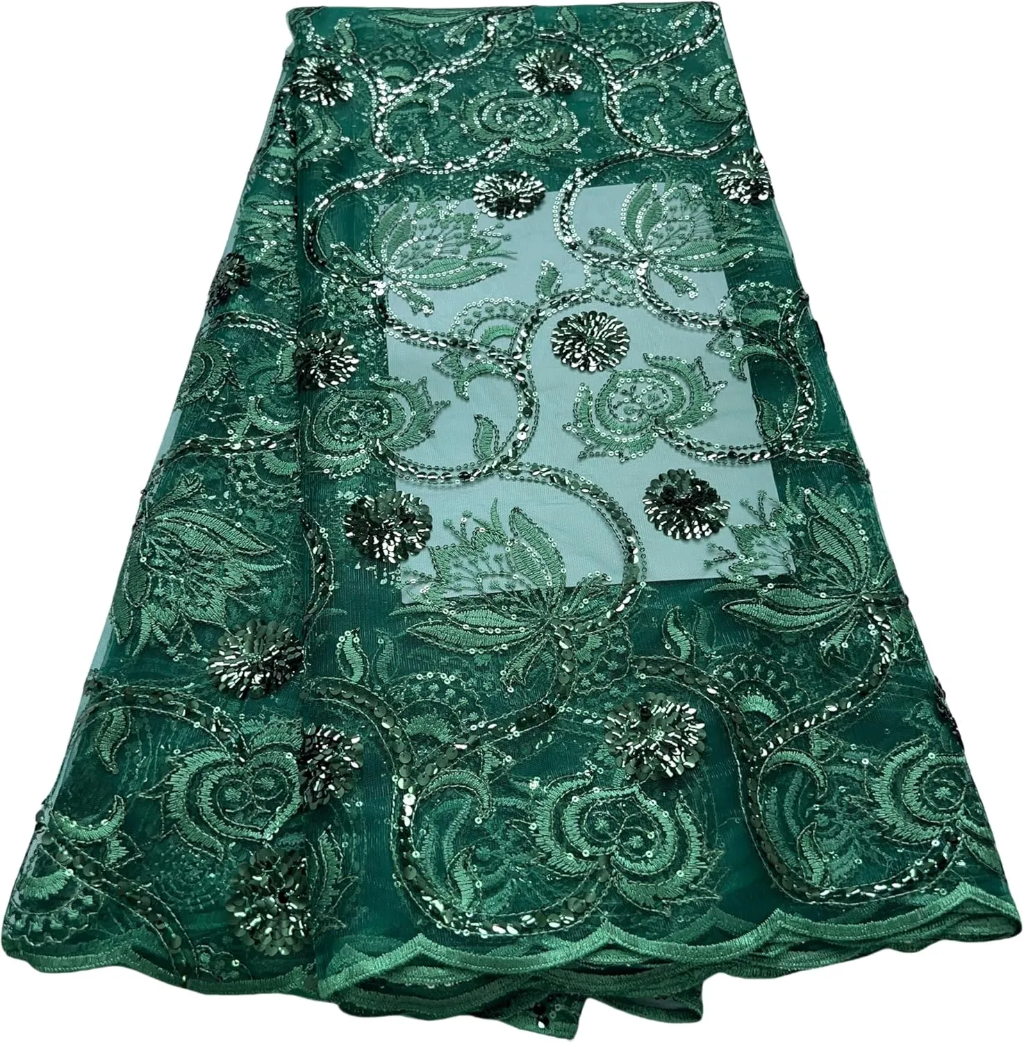 African Lace Fabric 5 Yards of Mesh Embroidered Fabric Sequins Fabric for Wedding/Party/Everyday Sewing (Green)