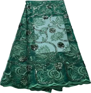 African Lace Fabric 5 Yards of Mesh Embroidered Fabric Sequins Fabric for Wedding/Party/Everyday Sewing (Green)