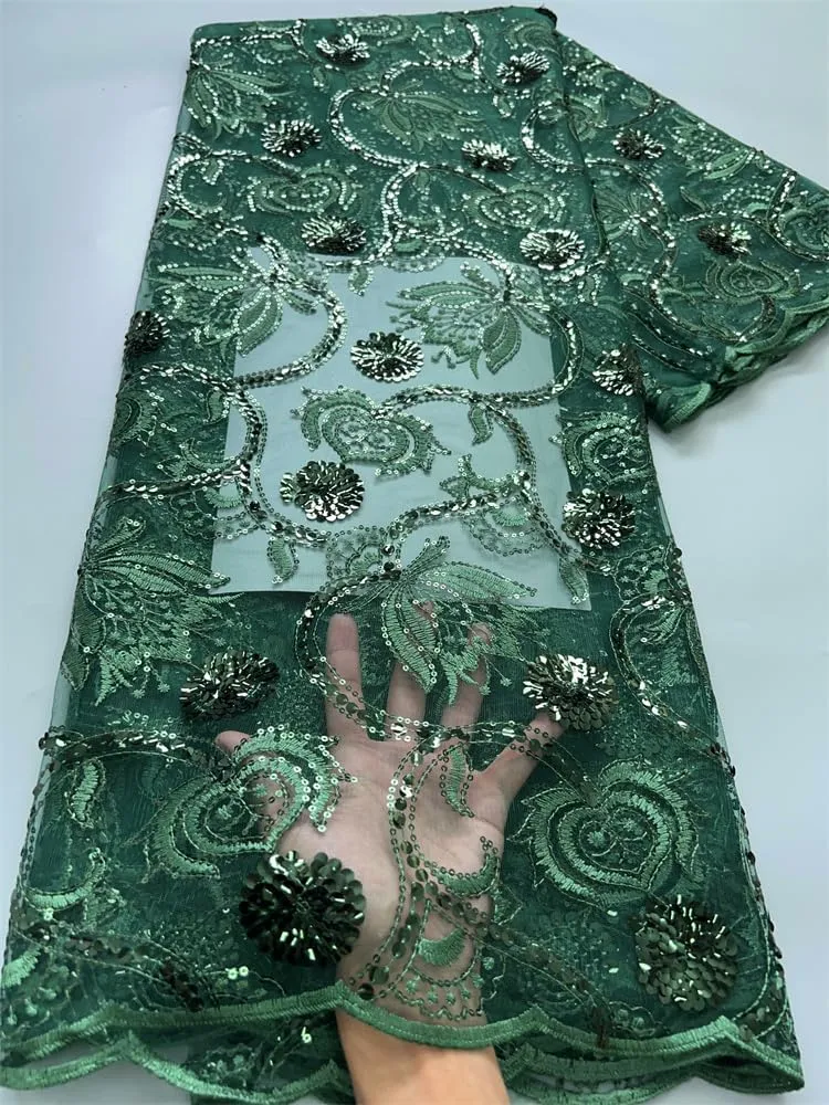 African Lace Fabric 5 Yards of Mesh Embroidered Fabric Sequins Fabric for Wedding/Party/Everyday Sewing (Green)