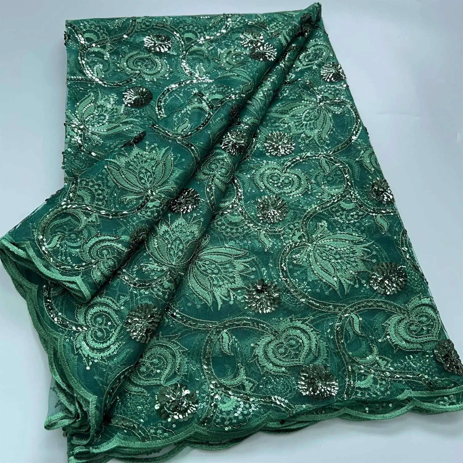 African Lace Fabric 5 Yards of Mesh Embroidered Fabric Sequins Fabric for Wedding/Party/Everyday Sewing (Green)