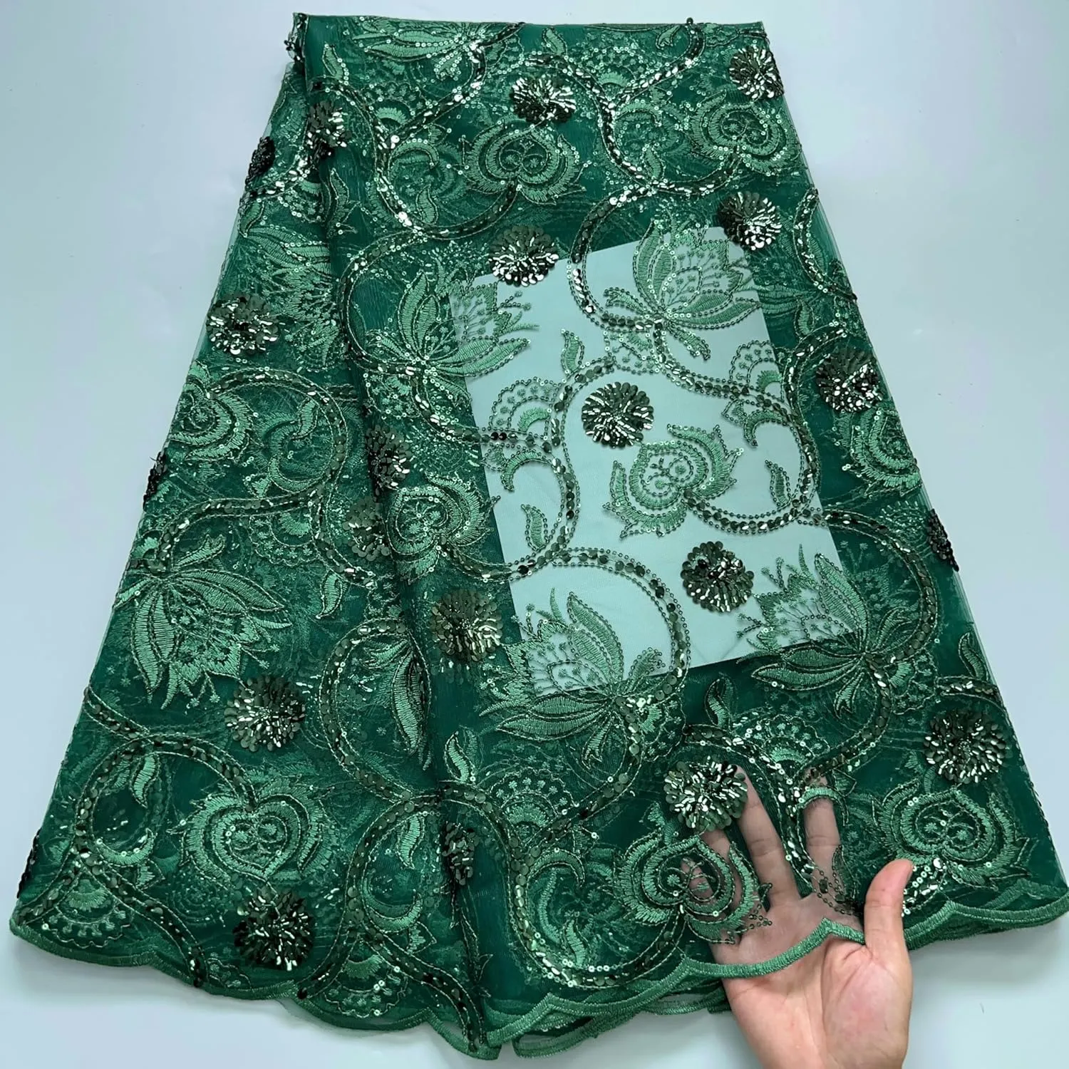 African Lace Fabric 5 Yards of Mesh Embroidered Fabric Sequins Fabric for Wedding/Party/Everyday Sewing (Green)