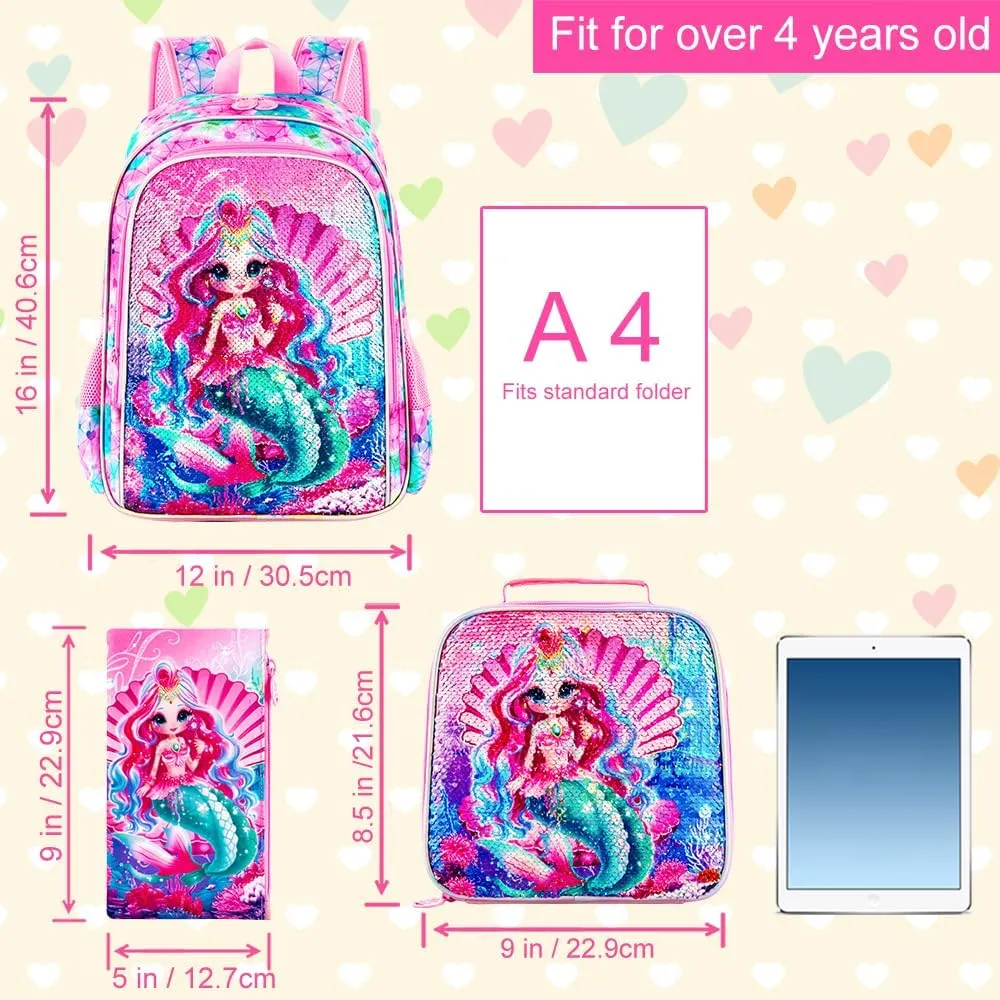 AGSDON 3PCS Backpacks for Kids, 16" Little Kid Preschool School Bookbag and Lunch Box - Unicorn/Mermaid/Flamingo/Dinosaur