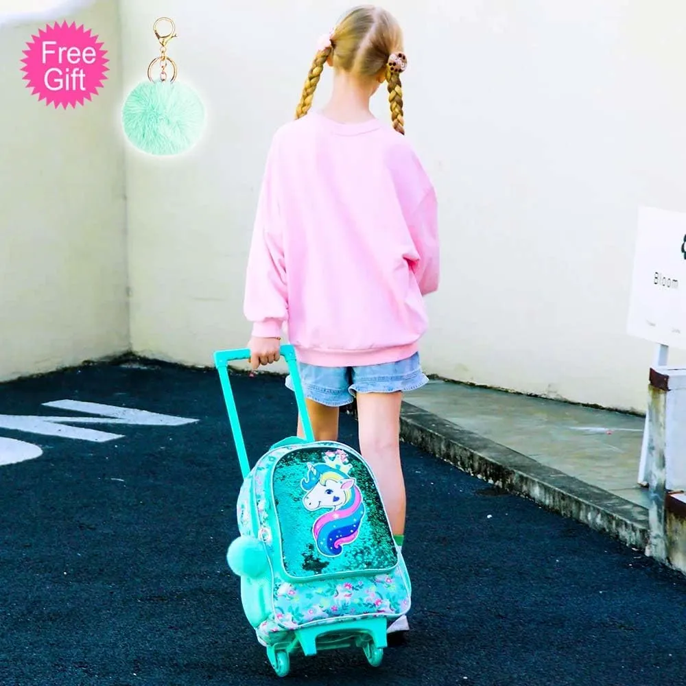 AGSDON 3PCS Rolling Backpack for Girls Boys, Kids Roller Wheels Bookbag, Wheeled School Bag with Lunch Bag