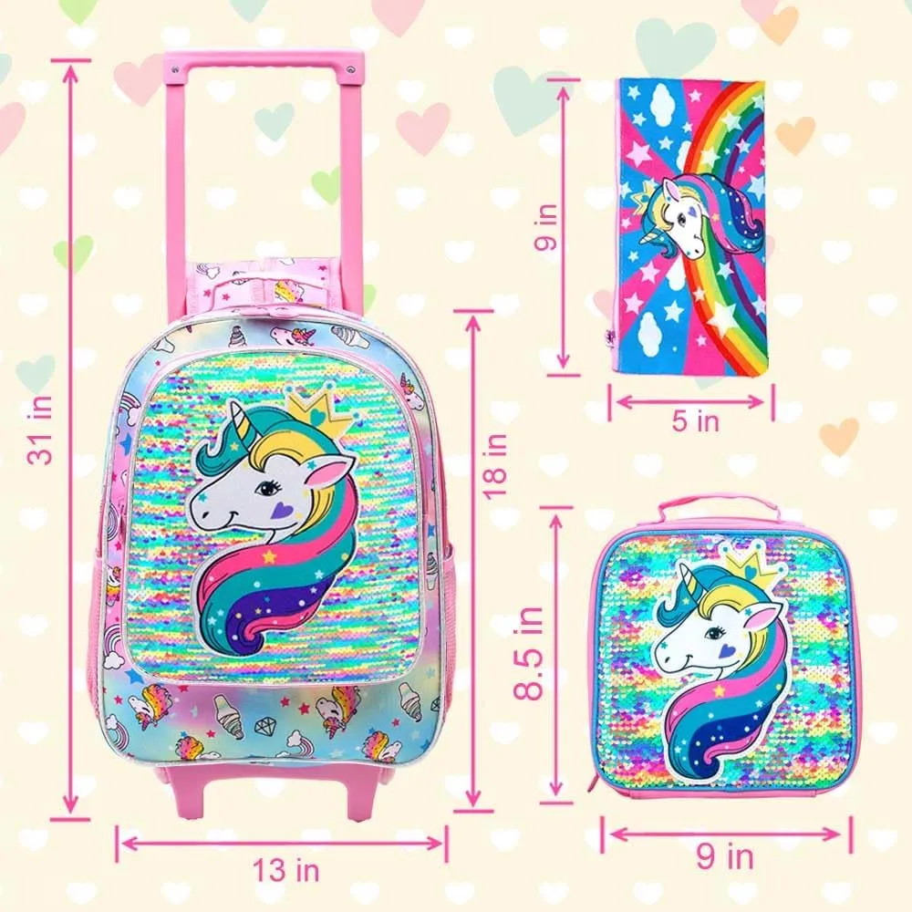 AGSDON 3PCS Rolling Backpack for Girls Boys, Kids Roller Wheels Bookbag, Wheeled School Bag with Lunch Bag