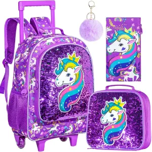 AGSDON 3PCS Rolling Backpack for Girls Boys, Kids Roller Wheels Bookbag, Wheeled School Bag with Lunch Bag