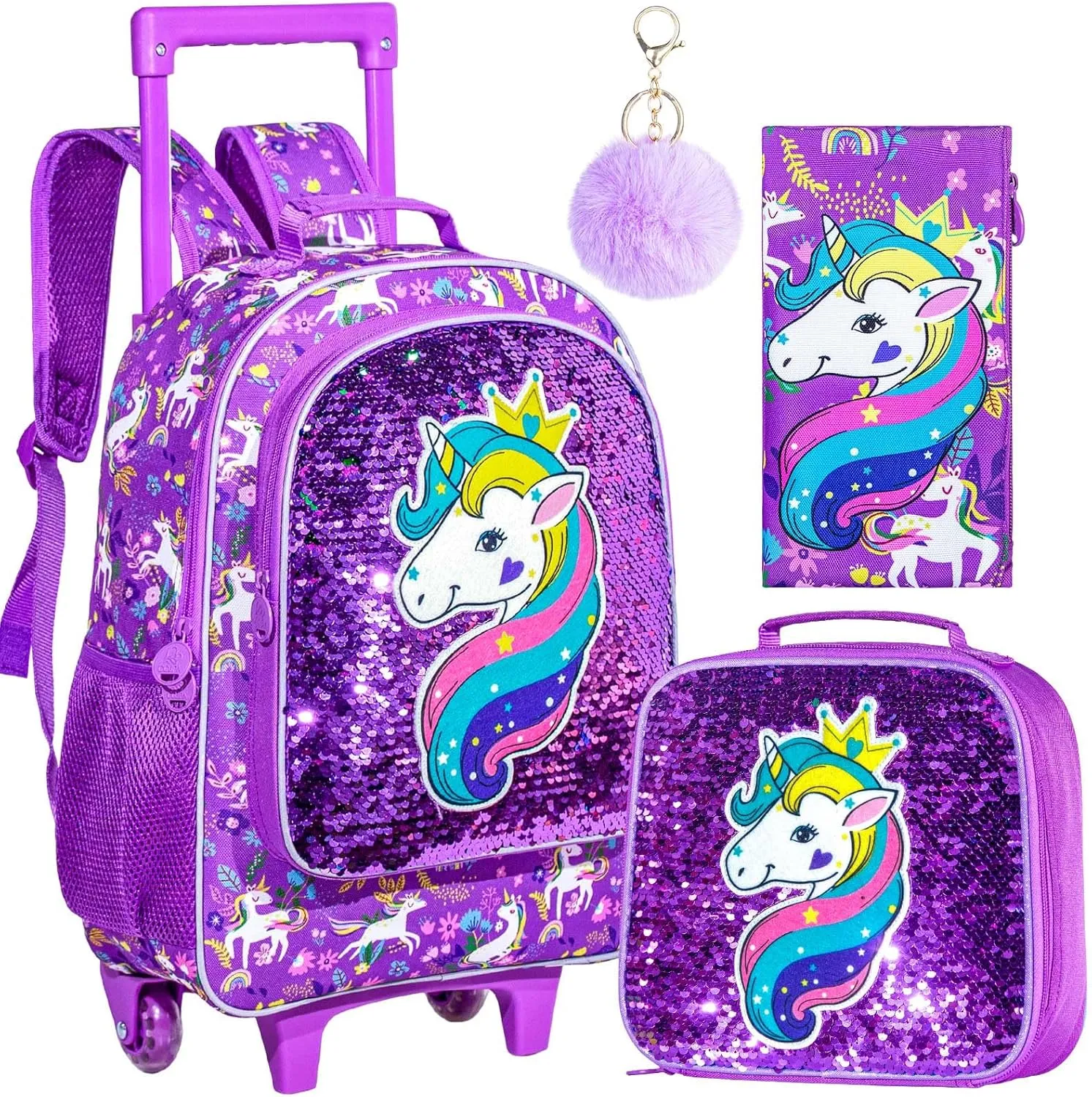 AGSDON 3PCS Rolling Backpack for Girls Boys, Kids Roller Wheels Bookbag, Wheeled School Bag with Lunch Bag