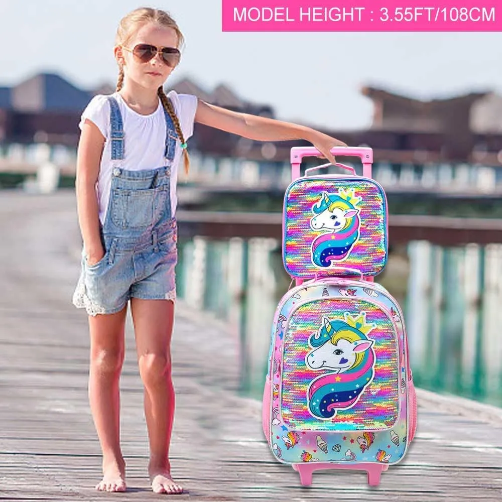 AGSDON 3PCS Rolling Backpack for Girls Boys, Kids Roller Wheels Bookbag, Wheeled School Bag with Lunch Bag