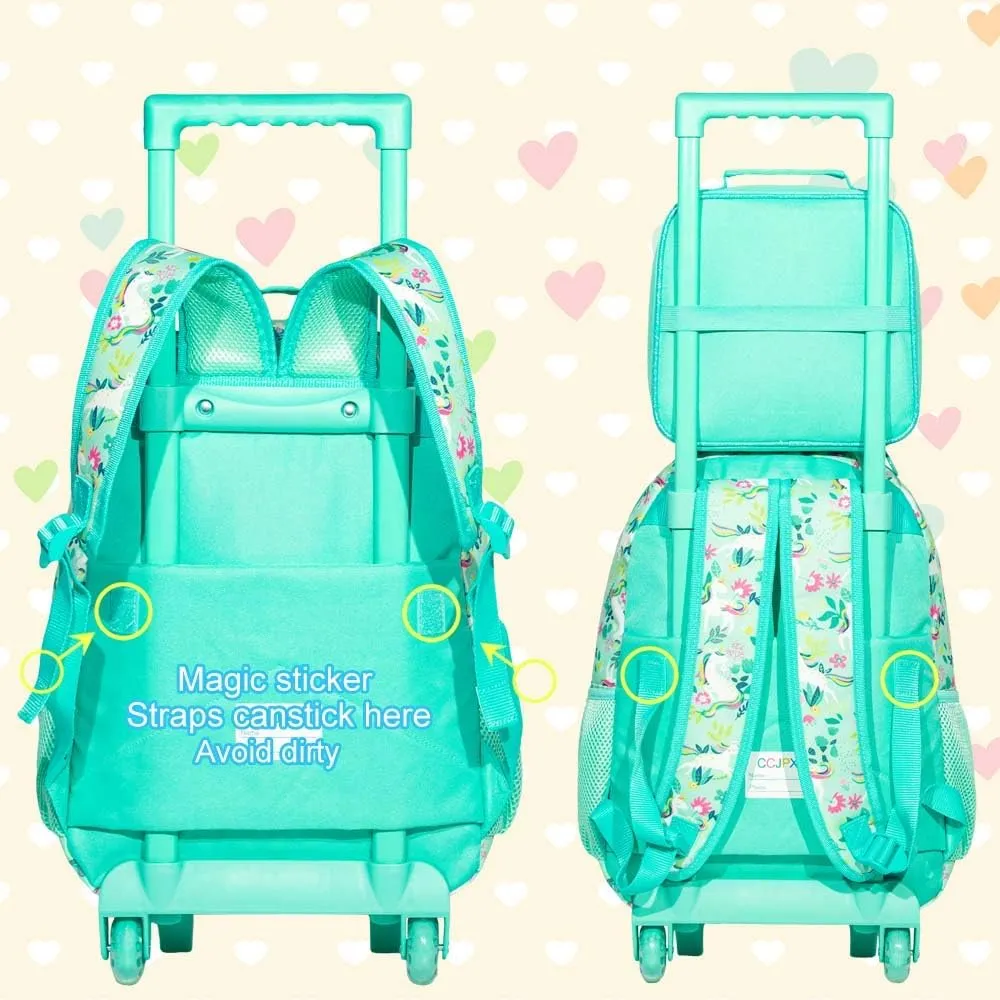 AGSDON 3PCS Rolling Backpack for Girls Boys, Kids Roller Wheels Bookbag, Wheeled School Bag with Lunch Bag