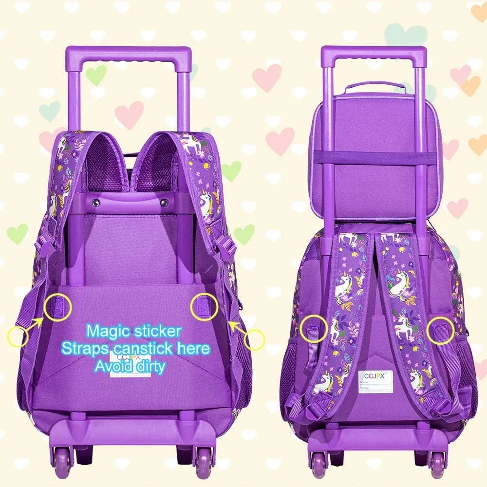AGSDON 3PCS Rolling Backpack for Girls Boys, Kids Roller Wheels Bookbag, Wheeled School Bag with Lunch Bag