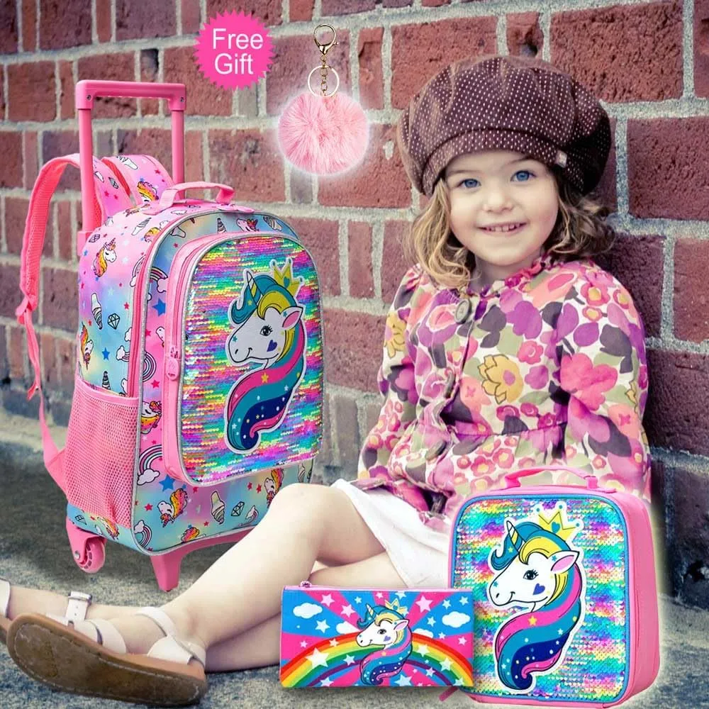 AGSDON 3PCS Rolling Backpack for Girls Boys, Kids Roller Wheels Bookbag, Wheeled School Bag with Lunch Bag