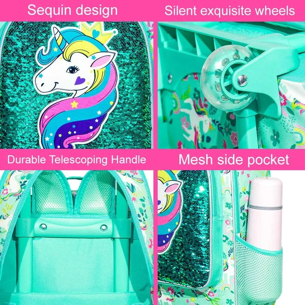 AGSDON 3PCS Rolling Backpack for Girls Boys, Kids Roller Wheels Bookbag, Wheeled School Bag with Lunch Bag
