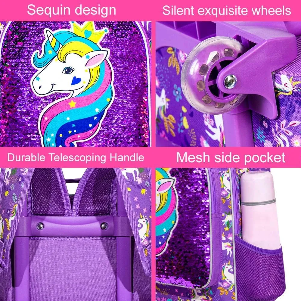 AGSDON 3PCS Rolling Backpack for Girls Boys, Kids Roller Wheels Bookbag, Wheeled School Bag with Lunch Bag