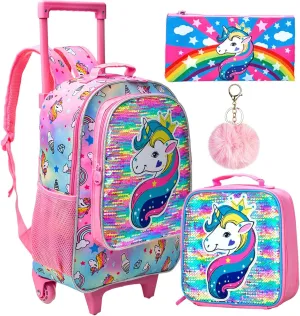 AGSDON 3PCS Rolling Backpack for Girls Boys, Kids Roller Wheels Bookbag, Wheeled School Bag with Lunch Bag