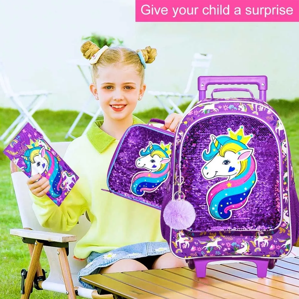 AGSDON 3PCS Rolling Backpack for Girls Boys, Kids Roller Wheels Bookbag, Wheeled School Bag with Lunch Bag