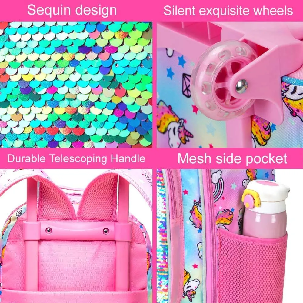 AGSDON 3PCS Rolling Backpack for Girls Boys, Kids Roller Wheels Bookbag, Wheeled School Bag with Lunch Bag