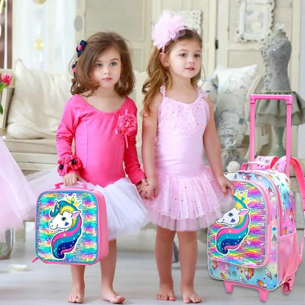 AGSDON 3PCS Rolling Backpack for Girls Boys, Kids Roller Wheels Bookbag, Wheeled School Bag with Lunch Bag