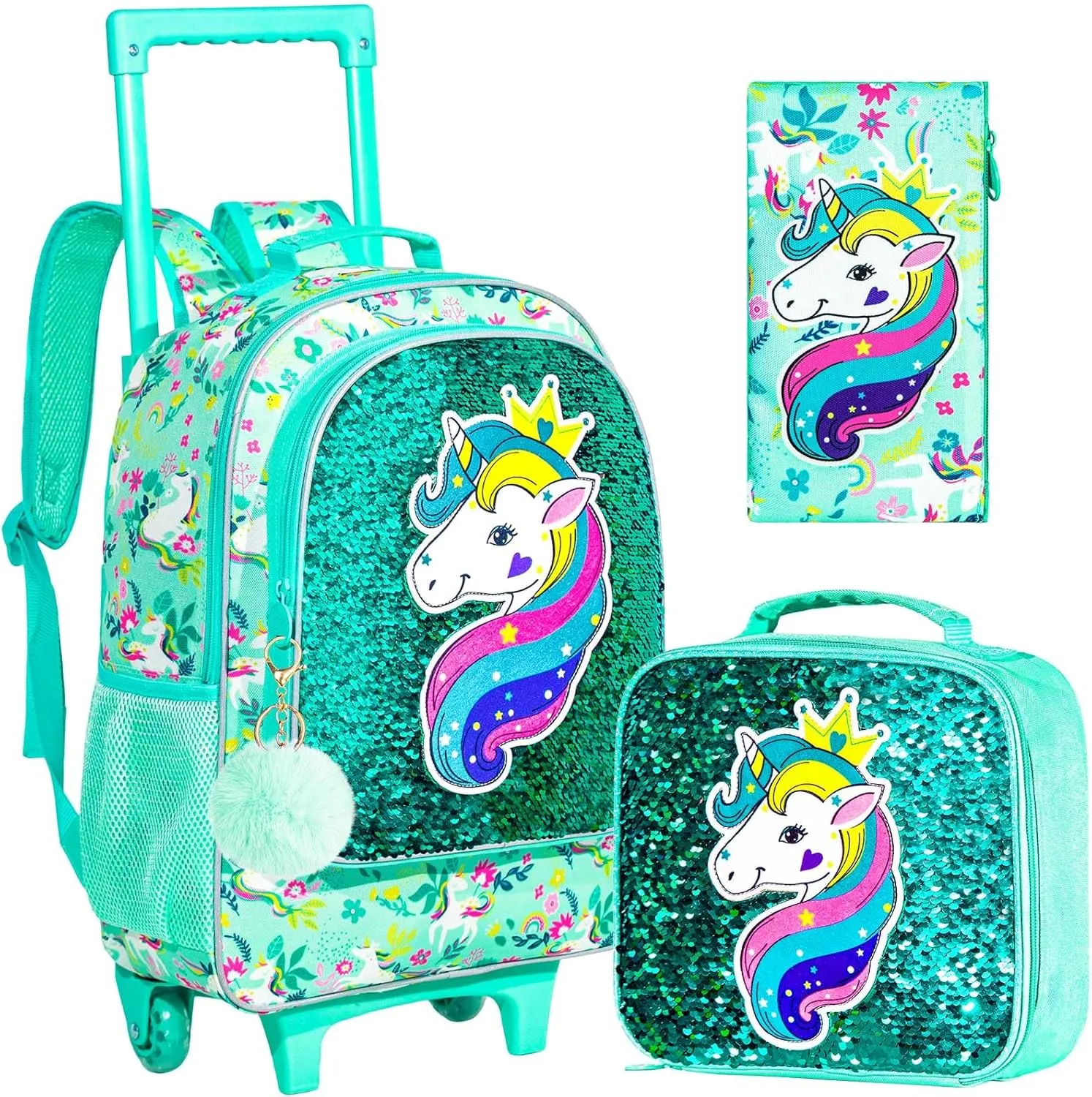 AGSDON 3PCS Rolling Backpack for Girls Boys, Kids Roller Wheels Bookbag, Wheeled School Bag with Lunch Bag