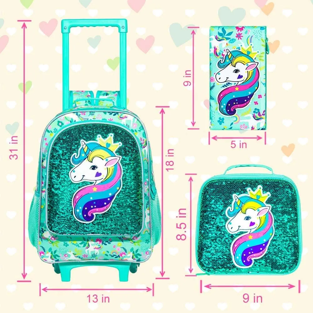 AGSDON 3PCS Rolling Backpack for Girls Boys, Kids Roller Wheels Bookbag, Wheeled School Bag with Lunch Bag