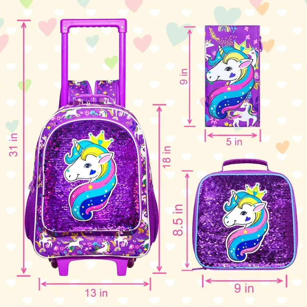 AGSDON 3PCS Rolling Backpack for Girls Boys, Kids Roller Wheels Bookbag, Wheeled School Bag with Lunch Bag