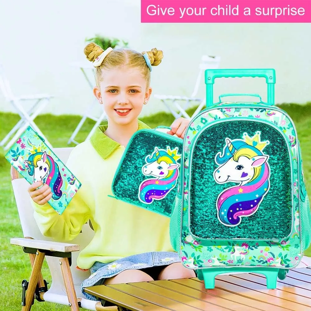 AGSDON 3PCS Rolling Backpack for Girls Boys, Kids Roller Wheels Bookbag, Wheeled School Bag with Lunch Bag