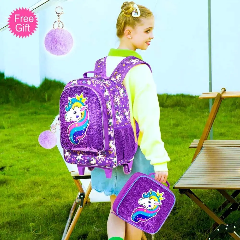 AGSDON 3PCS Rolling Backpack for Girls Boys, Kids Roller Wheels Bookbag, Wheeled School Bag with Lunch Bag