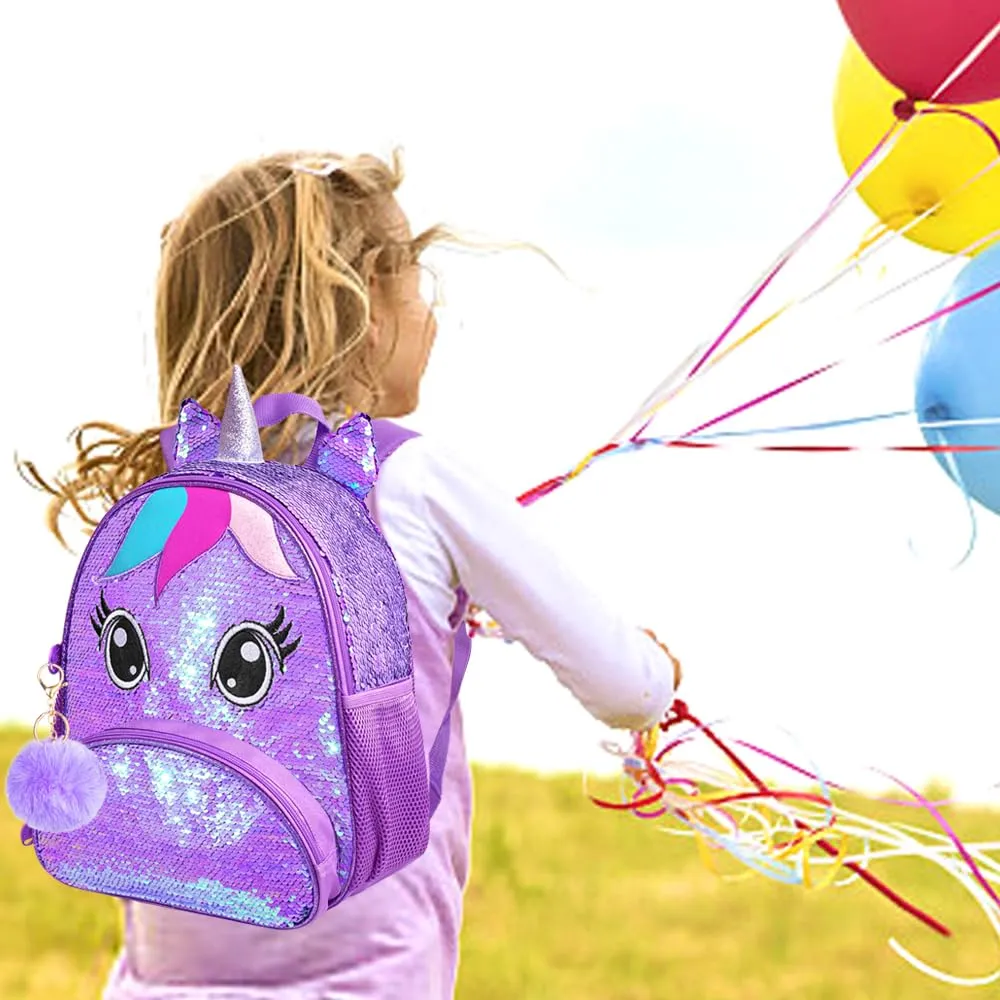 AGSDON 3PCS Toddler Backpack for Girls, 12" Unicorn Sequin Preschool Bookbag and Lunch Box - Purple