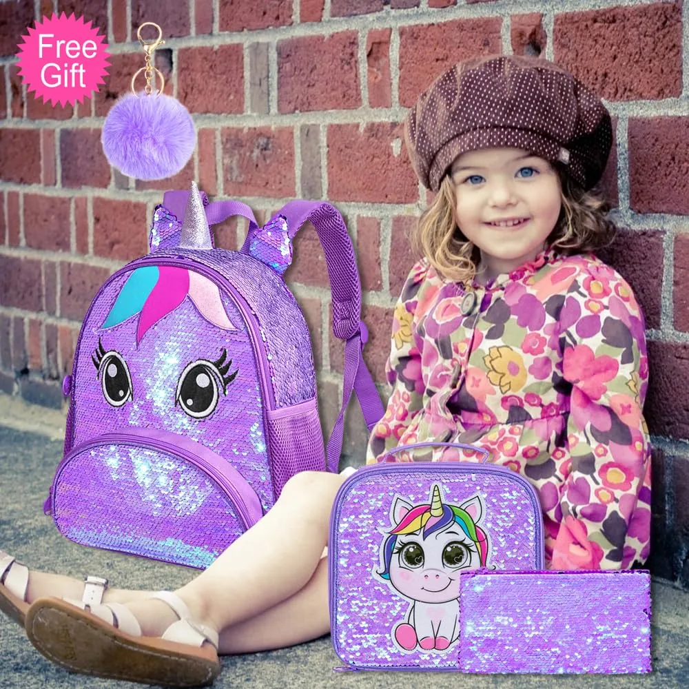 AGSDON 3PCS Toddler Backpack for Girls, 12" Unicorn Sequin Preschool Bookbag and Lunch Box - Purple
