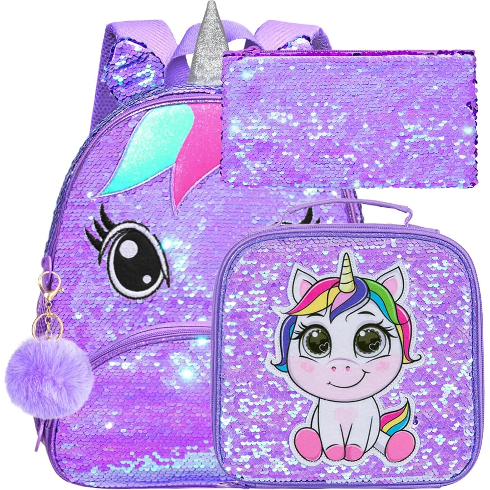 AGSDON 3PCS Toddler Backpack for Girls, 12" Unicorn Sequin Preschool Bookbag and Lunch Box - Purple