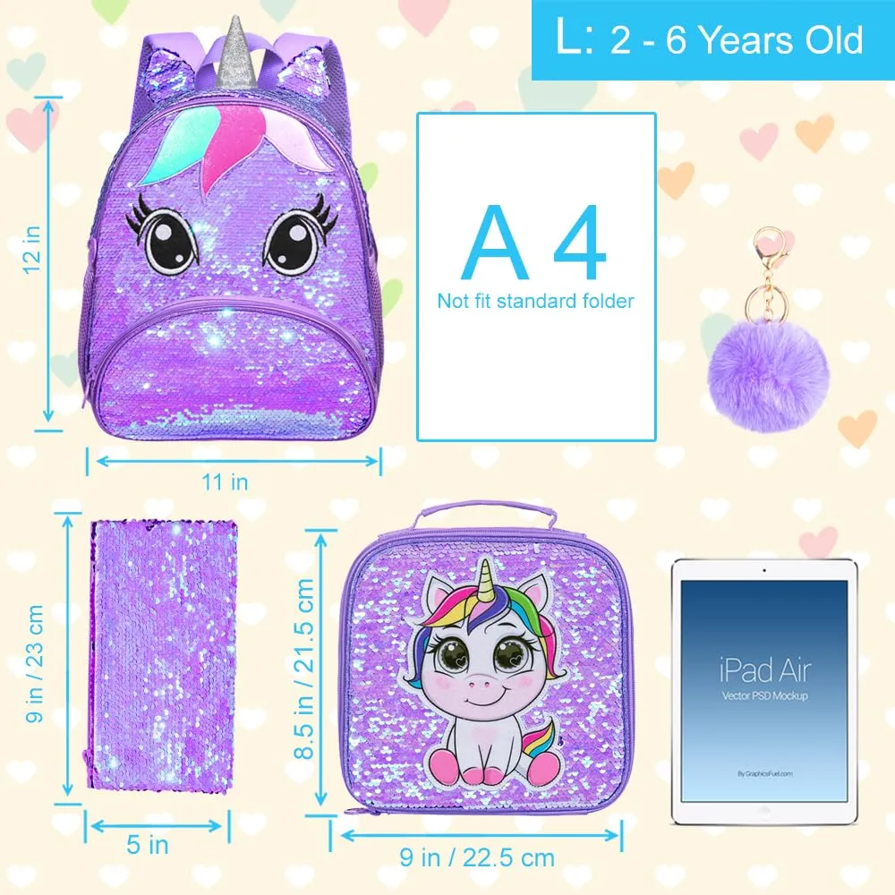 AGSDON 3PCS Toddler Backpack for Girls, 12" Unicorn Sequin Preschool Bookbag and Lunch Box - Purple