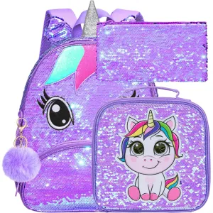 AGSDON 3PCS Toddler Backpack for Girls, 12" Unicorn Sequin Preschool Bookbag and Lunch Box - Purple