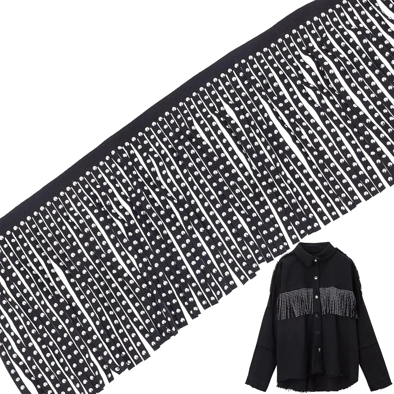 AHANDMAKER 4 Yards 5.5 Inches Faux Suede Fringe Trim, Rivet Leather Fringe Trim, Leather Tassel Fringe Lace Ribbon for DIY Sewing Craft Garment Handbag Hem Accessories (Black)