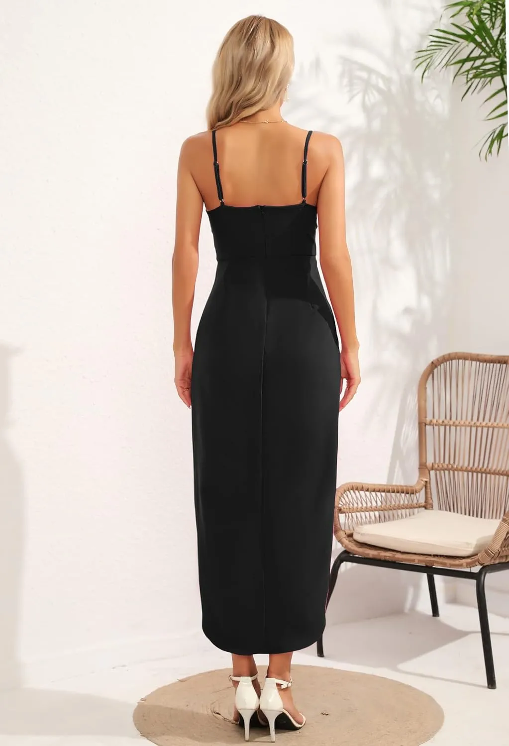 Aigeman Women's Spaghetti Straps Sexy Backless Satin Maxi Dress Summer Wedding Guest Dress Cocktail Party Dresses 7291
