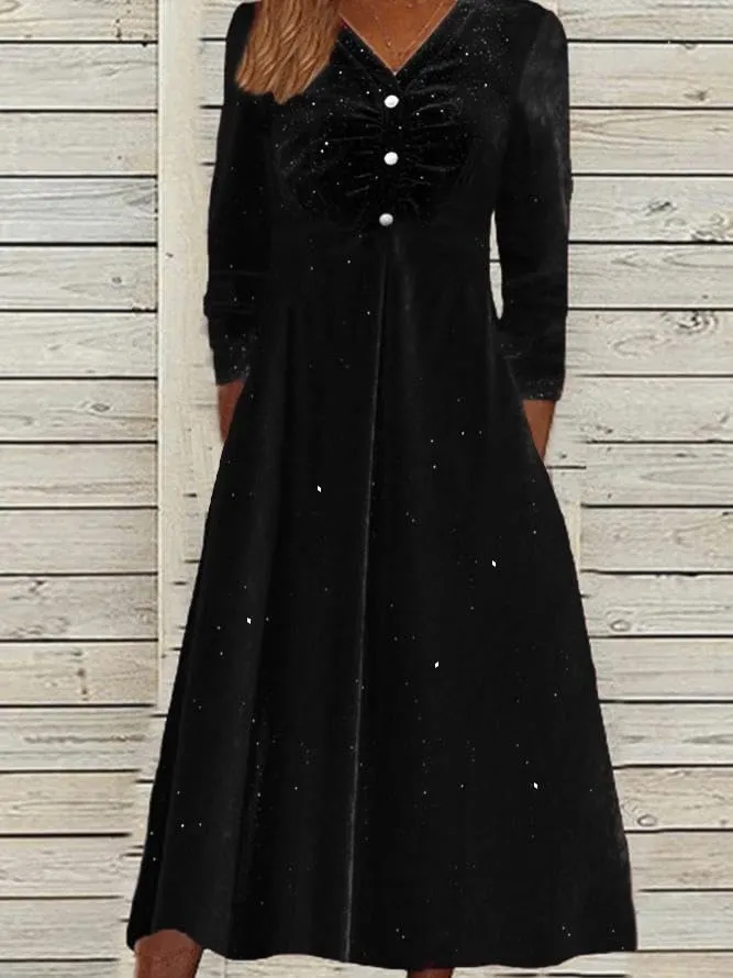 Akivide Womens Sexy Elegant Velvet Dresses Glitter Sequin Long Sleeve V Neck A-Line Velvet Midi Dress